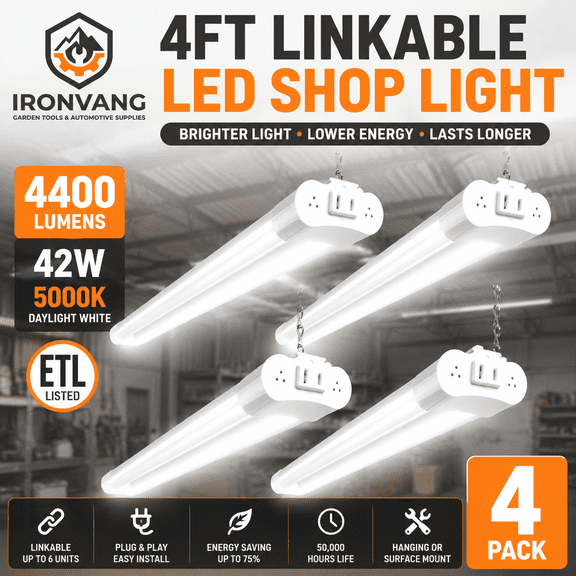 4 Pack 4FT LED Shop Light 4400LM 5000K Daylight White, 42W Linkable LED Garage Light, ETL Listed, Plug & Play, 6-Pack Connectable Utility Ceiling Light for Workshop Warehouse