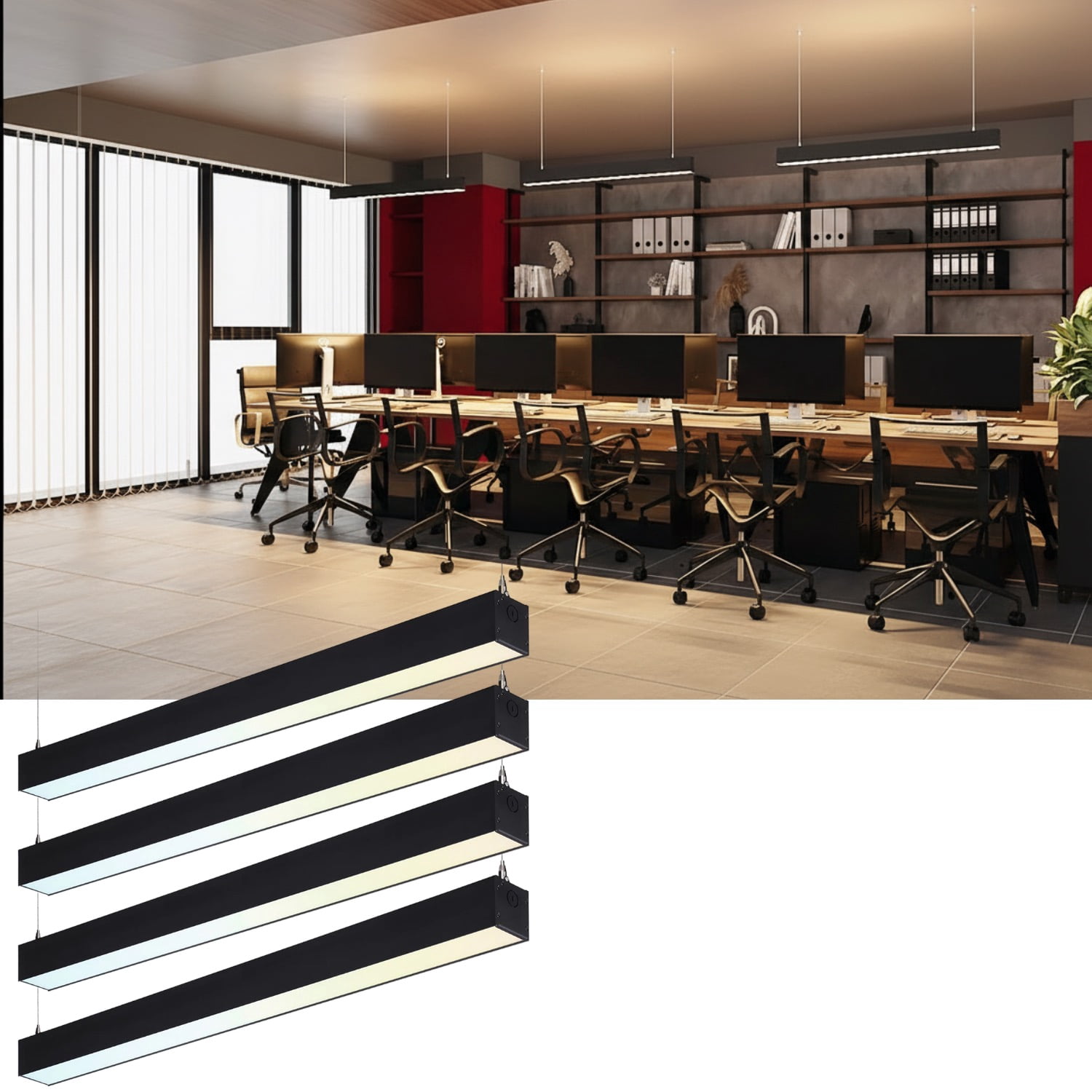 4 Pack 4FT Linkable LED Linear Light, 3CCT Dimmable Suspension Office Lighting Fixture, 40W, Matte Black Aluminum Housing, ETL Listed