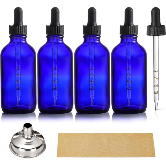 4 Pack 4oz Glass Dropper Bottles with Measured Dropper - 120ml Dark Blue Tincture Bottles with Calibrated Glass Eye Droppers (1ml), Leakproof Essential Oils Bottles for , Personal Care & Beauty