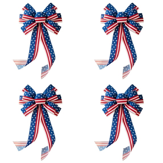 4 Pack 4th of July Decor Bow for Wreath,Red White Blue Stripe Stars Tree Topper Bows for Patriotic,Independence Day,Memorial Day,Veteran's Day,Front Door Indoor Outdoor Decorations