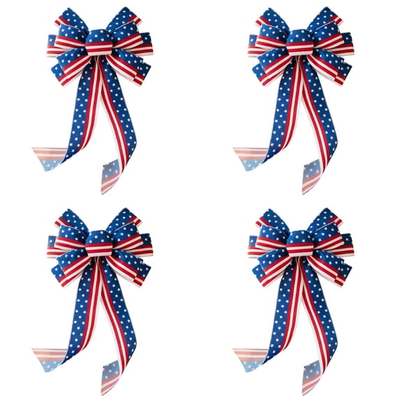 4 Pack 4th of July Decor Bow for Wreath,Red White Blue Stripe Stars Tree Topper Bows for Patriotic,Independence Day,Memorial Day,Veteran's Day,Front Door Indoor Outdoor Decorations