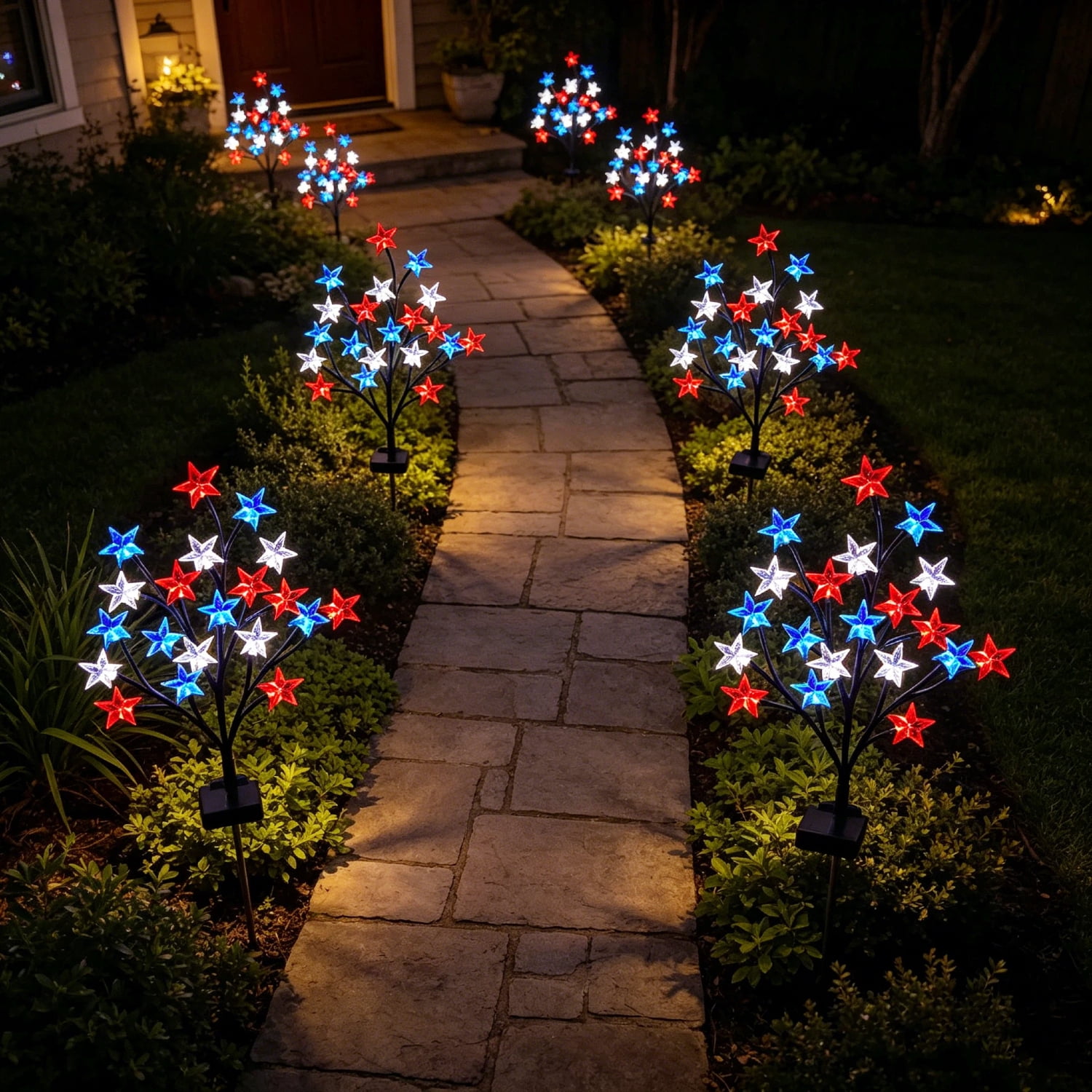 4 Pack 4th of July Decorations Solar Patriotic Star Lights, Solar Red White Blue Star Floral Pathway Lights, Waterproof Outdoor Patriotic Decorations Lights for Memorial Day Garden Yard