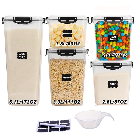4-Pack 5.3L 179oz BPA-Free Grain Storage Containers, Thick Airtight Seal, Detachable Snap Design, Waterproof Plastic Bin for Bulk Dry Food, Grains Pantry Organization