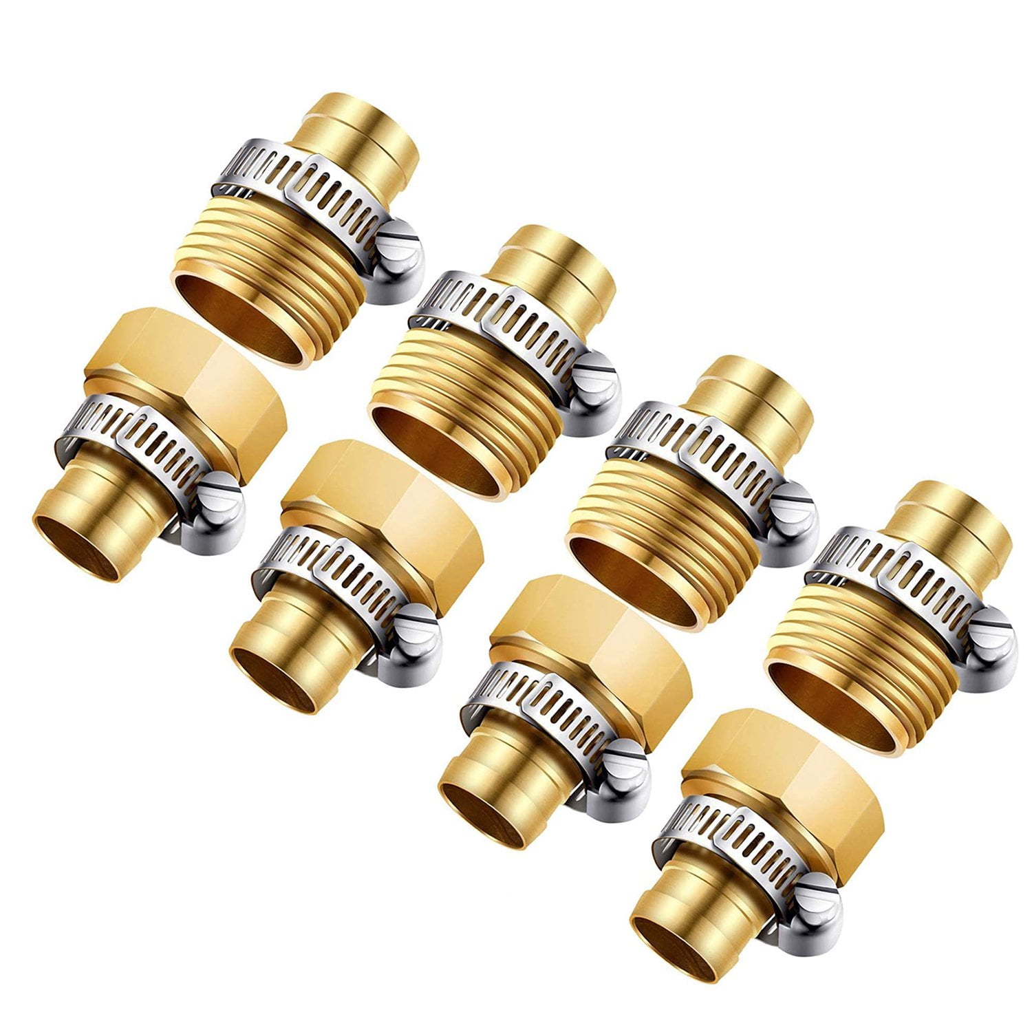 4 Pack 5/8 Inch Brass Garden Hose Repair Kit, Male and Female Hose  Fittings, Garden Hose Fitting with 8 Pieces Stainless Steel Clamps