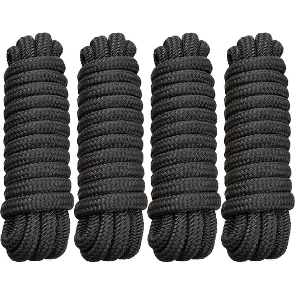 4 Pack 5/8" x 20' Dock Lines - Marine Grade Nylon Boat Rope with 15" Loop for Docking and Mooring - Double Braided Boat Lines, High Strength, Easy Handling, Fray Resistant - Black