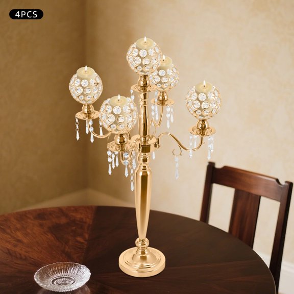 4 Pack 5 Arm Crystal Candelabra Table Decor Holder, 29.5 Inch Height Multi Crystal Strand Hanging Drop Frame, for Banquet Dining Table Display Ornament