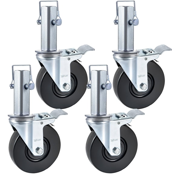 4 Pack 5 Inch Heavy Duty Scaffolding Rubber Swivel Casters with Double Locking 1.26 Inch Square Wheel Posts 440 lbs Capacity per Wheel