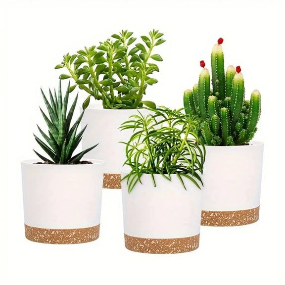 4-Pack 5-Inch Plant Pots with Drainage Holes & Detachable Base - Indoor Planters with Modern Design for Succulents, Cactus, Herbs & Small Plants, Black/White/Grey/Green