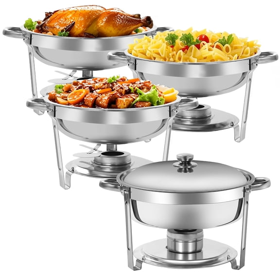 RJFKSN 4 Pack 5 QT Round Chafing Dishes for Buffet, Stainless Steel Chafing Buffet Set with Food & Water Pan, Lid, Frame, Fuel Holder, Buffet Servers and Warmers for Catering Events Parties Dinners