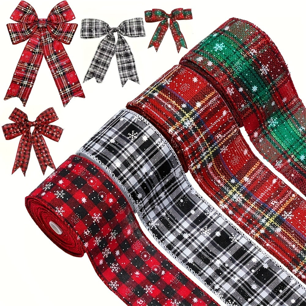 4-Pack 5-Yard Christmas Wired Ribbon Set, Snowflake & Plaid Pattern ...