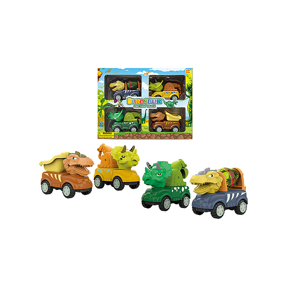 4 Pack 5 inches Friction Dino Construction Trucks - Push & Go Toys for Toddlers & Kids
