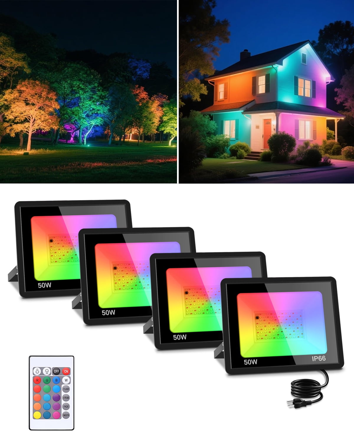 4 Pack 50W RGB Flood Lights 500W Equi Color Change with Remote Waterproof Multicolor LED Lamp Indoor or Outdoor Decorative Landscape Lighting for Statue, House Exterior, Event Stage, Festive Ambiance