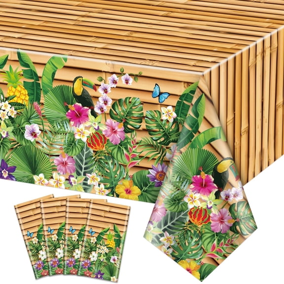 4 Pack 5186.6 Inch Disposable Tropical Rectangular Tablecloths, Waterproof Palm Print Table Covers for Hawaiian Luau, Summer Beach, Pool & Birthday Indoor Outdoor Party Layout