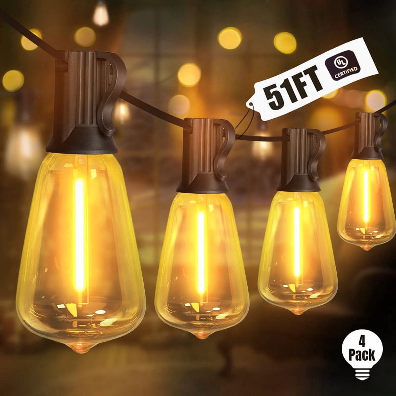 4-Pack 51FT Outdoor Waterproof String Lights, 25+2 Shatterproof Vintage Edison Bulbs, Connectable Design for Backyard, Porch, Balcony & Holiday Decor