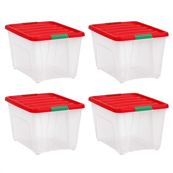 4 Pack 54 Qt Stackable Plastic Storage Bins with Lids and Latching Buckles, Clear Red, Holiday Organizer