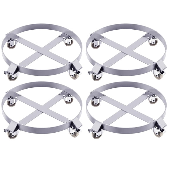 4 Pack 55 Gallon Drum Dolly 1000 lb Capacity Heavy Duty Steel Drum Caddy with 4 Swivel Casters Barrel Cart for Warehouse Drum Handling Silver