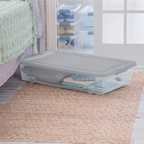 4-Pack 56 Quart Wheeled Latching Underbed Storage Box, Silver Plastic Organizer for Home Dorm