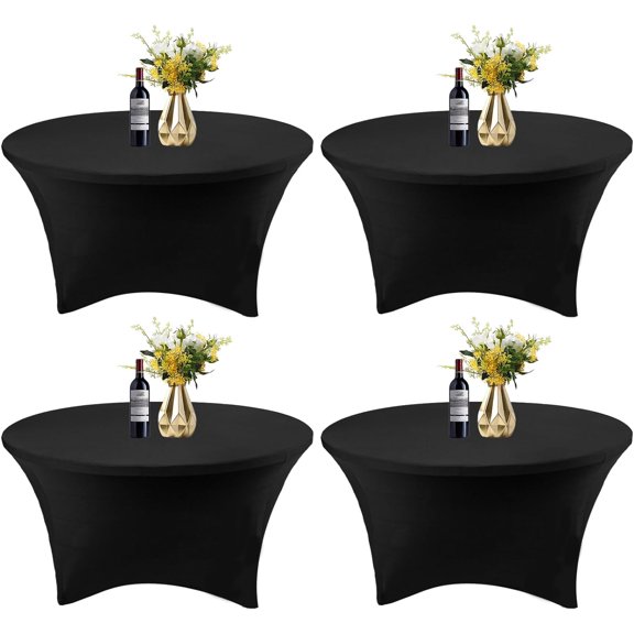 4 Pack 5FT Round Spandex Tablecloth 60 Inch Black Stretch Fitted Table Cover with 4 Leg Pockets, Wrinkle Resistant, Reusable for Wedding Party Birthday Banquet Events