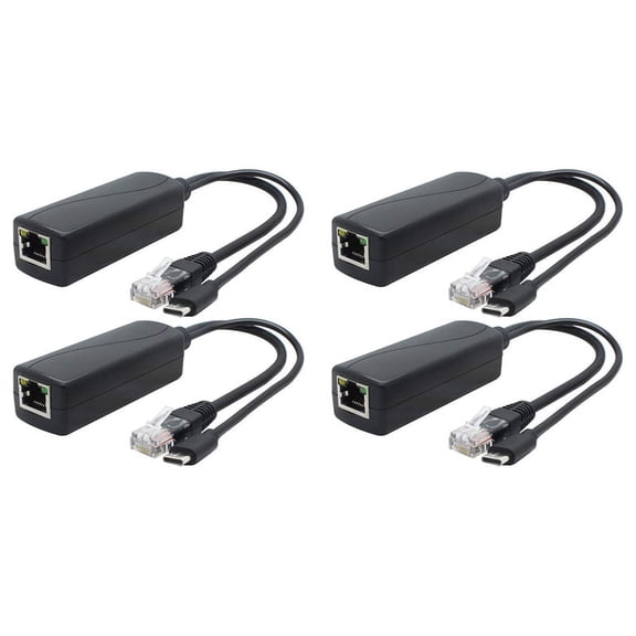 4-Pack 5V Gigabit PoE Splitter, USB Type C, 48V to 5V 2.4A Adaper, IEEE 802.3Af Compliant,4 x 5V PoE splitter, plug USB-C,Black