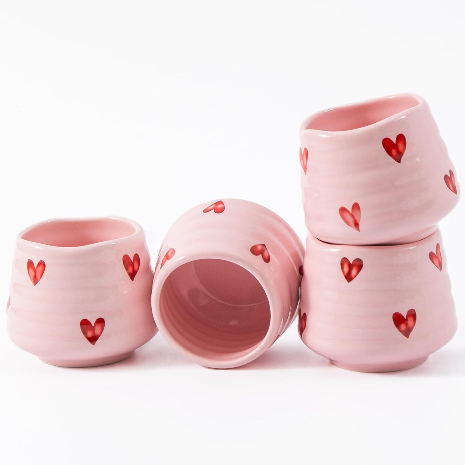 4 Pack 5oz Handless Ceramic Mini Coffee Mugs, Cute Heart‑Pattern Espresso & Matcha Tea Cups, Small Handcrafted Drinking Cups, Microwave & Dishwasher Safe for Coffee Tea Lovers & Gifts