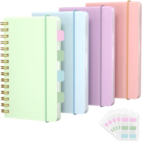 4 Pack 5x7 Small Spiral Notebook, Hardcover Spiral Journal Notebook with Removable Dividers Tabs, Note Books for Note Taking, Work, School, Cute Notebooks with Strap 50 Sheet