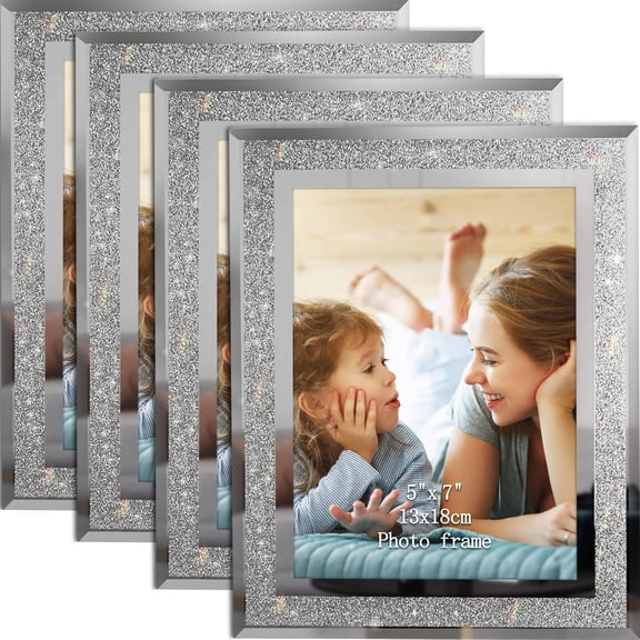 4 Pack 5x7 Sparkle Glass Picture Frame, Glitter Edge Photo Frames for Tabletop, Horizontal or Vertical Display
