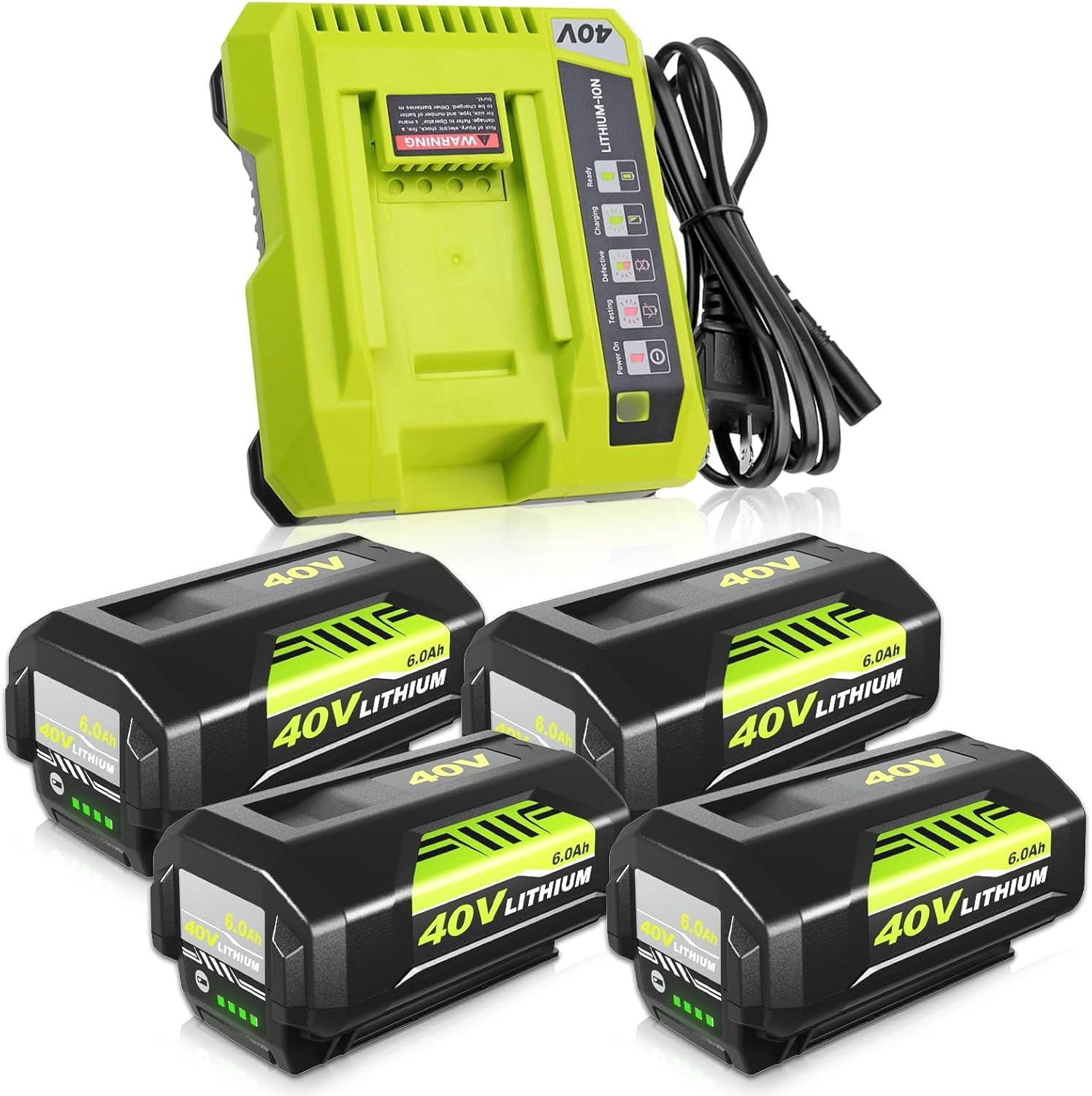 4-Pack 6.0Ah OP4026 40 Volt Lithium ion Replacement Battery and OP401 Charger Compatible with Ryobi 40V Battery OP4050A OP40601 OP4026A OP4040 OP4030 OP4050 OP4015 OP40261 OP40201 with LED Indicator