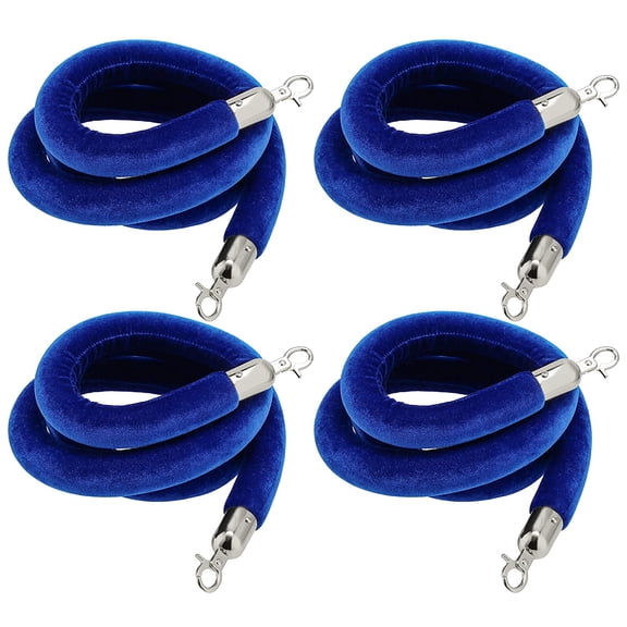 4 Pack 6.5 Feet Velvet Rope, Blue Velvet Stanchion Rope with Silver Polished Hooks, Crowd Control Queue Line Barrier Rope Hanging Ropes for Hotels, Movie Theaters
