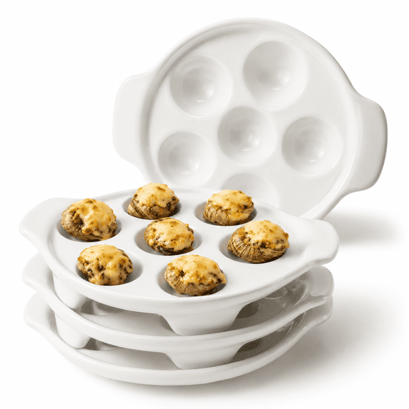 4 Pack 6.5 Inch Ceramic Escargot Plates With Handles And 6 Holes