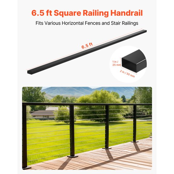 4 Pack 6.5 ft Stainless Steel Handrail, Rectangular Top Stair Deck Hand Rail for Outdoor/Indoor Steps with End Cap,Matte Black Coating Adjustable Metal Stair Rail for Cable Railing Kit