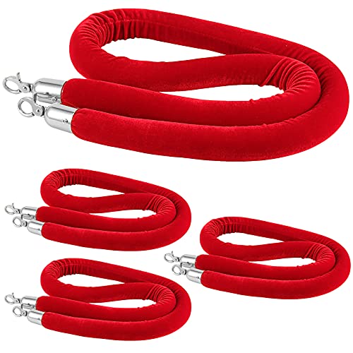 4 Pack 6.6 Feet 1-1/4 Inch Dia. Red Velvet Rope with Stainless Steel ...