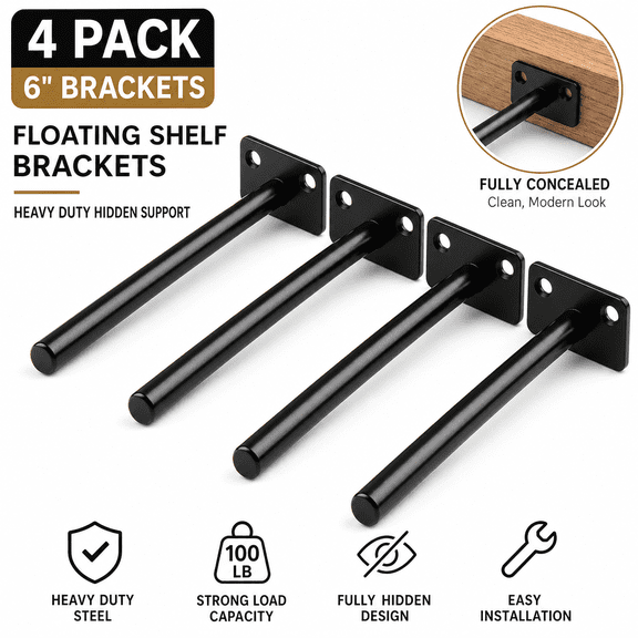 4-Pack 6" Floating Shelf Brackets, Heavy Duty Hidden Blind Concealed Shelf Support Hardware for Live Edge Wood Wall Shelves