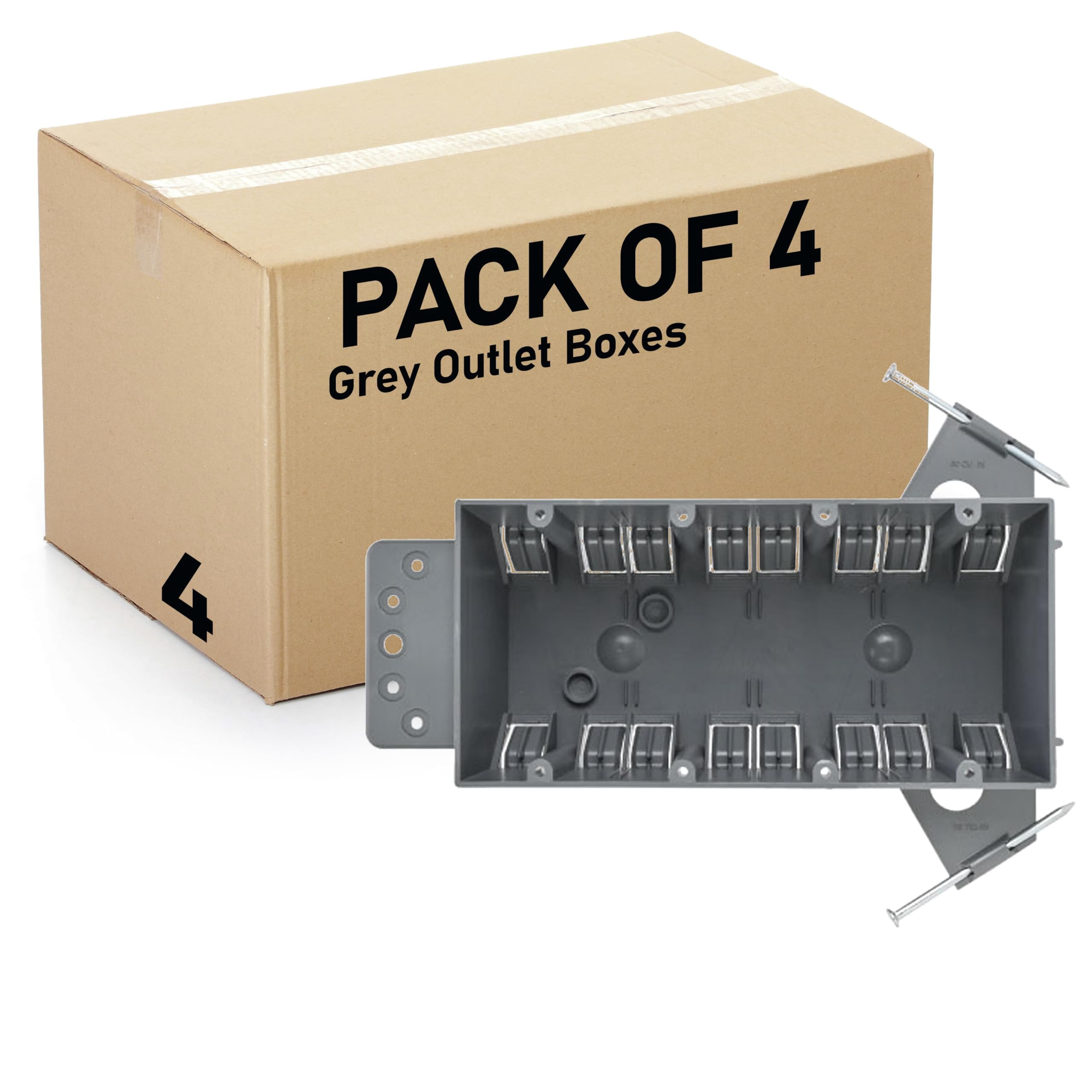 4 Pack 6-Gang Plastic Electrical Box, Grey Outlet Box, Four Gang New Work Junction Box, Captive Nails, 55 cu. Inches, Length 7-3/5'', Width 3-7/10'', Depth 2-1/2''
