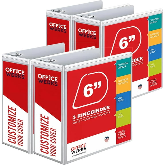 4 Pack of 6 Inch 3 Ring Binder with Locking Angle D Rings, Professional Heavy Duty Large Storage Pockets, Fits 8.5 x 11 Sheets, Non-Stick Clear View Cover, Customizable, White