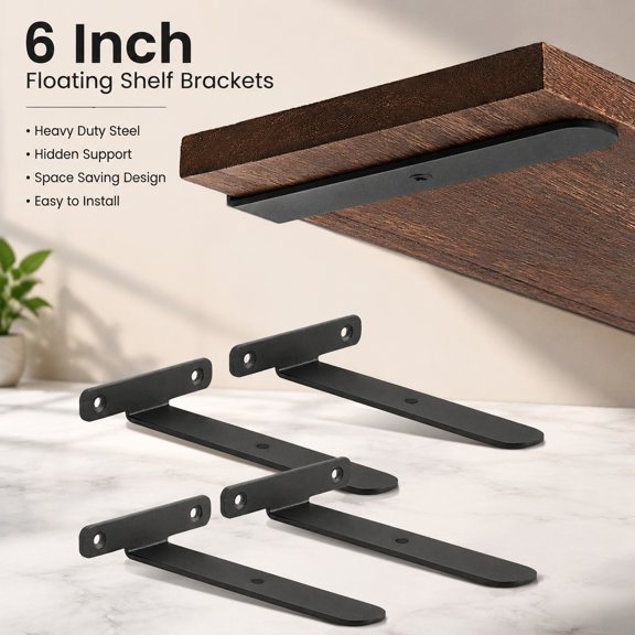 4 Pack 6 Inch Hidden Floating Black Metal L Shelf Brackets | Invisible Design, Scratch-Free Edge, 2.5mm Thick Iron, Strong Support, Easy Install, Wall Mount DIY Home Decor