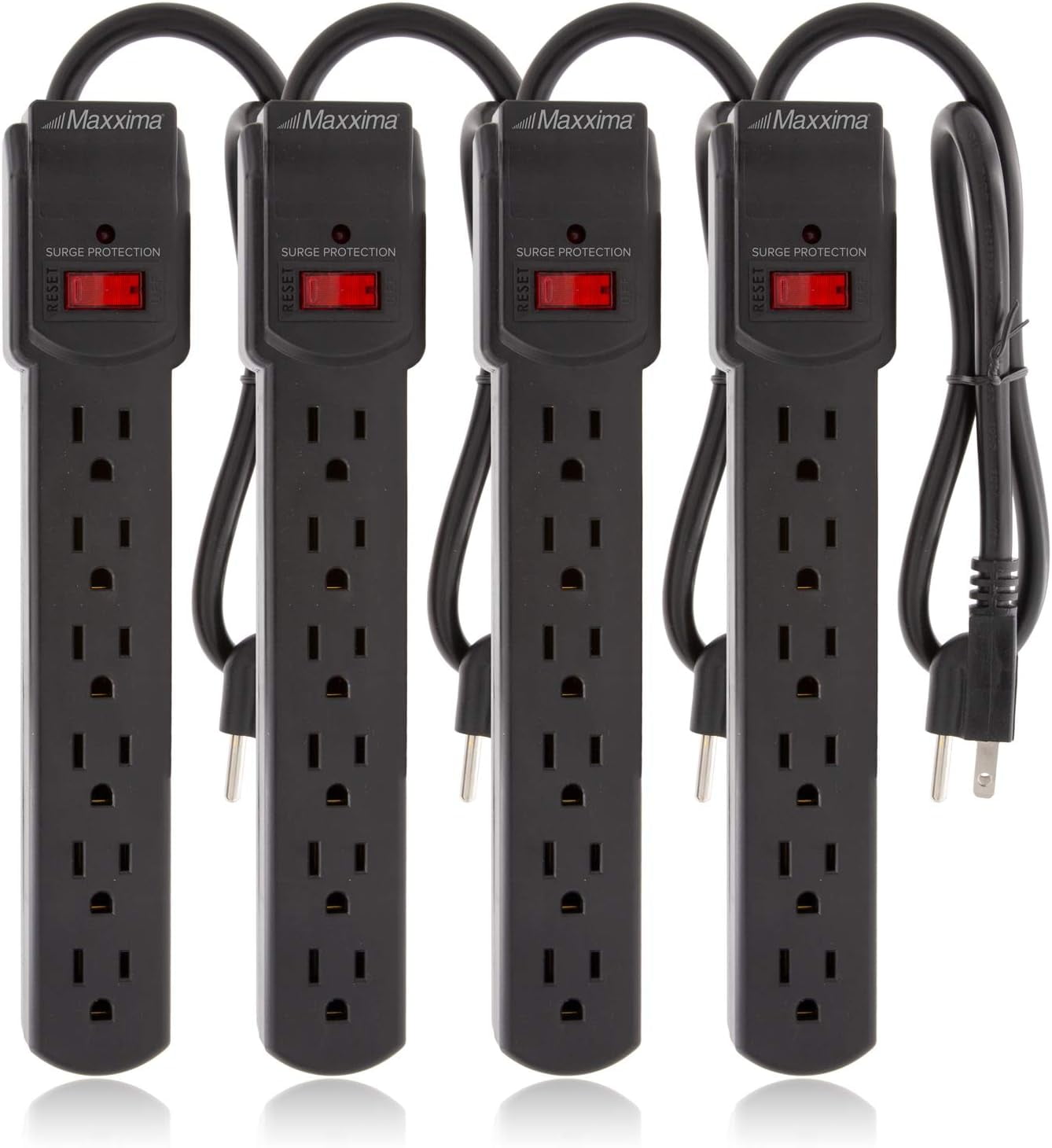4-Pack 6 Outlet Power Strip Surge Protector - 300 Joules, Features Red On/Off Switch, Powers Multiple Electronics and Devices Simultaneously, Perfect for Home Appliances - Black