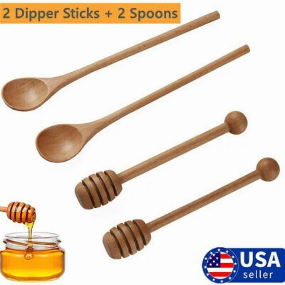 4 Pack 6" Portable Wooden Jam Honey Dipper Sticks + Spoons Honey Jar Dispenser