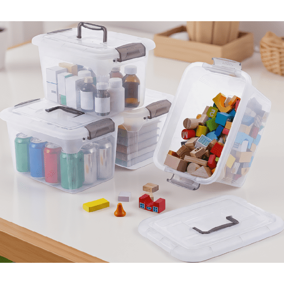 4 Pack 6 Qt Clear Storage Bins with Lids, Stackable Plastic Containers with Grey Handle, 10.9 x 7.7 x 6.5 In