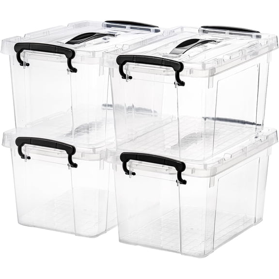 4 Pack 6 Quart Clear Storage Latch Box, Plastic Bins with Lids, Latching Box Handle, Stackable Containers for Organizing