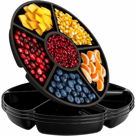 4 Pack, 6 Sectional Black Plastic Serving Trays for Party - Heavy Duty Party Trays for Serving - 12 Inch Platters