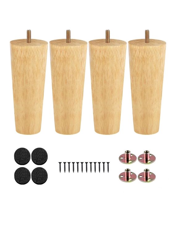4-Pack 6" Solid Rubberwood Replacement Legs - for Sofa, Couch, Chair, Ottoman, Coffee Table & Cabinet - Round Straight Furniture Legs with Mounting Hardware