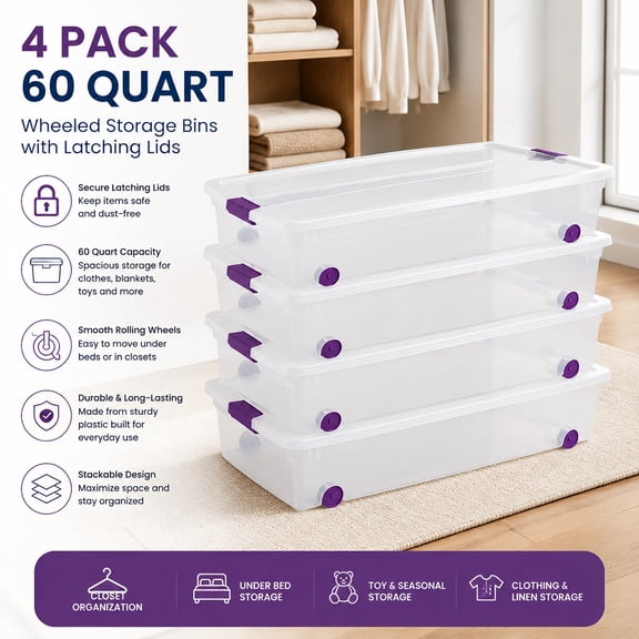 4-Pack 60 Quart ClearView Wheeled Latch Storage Bins with Latching Lids, Clear Plastic Organization Containers for Closet, Bedroom, Home Storage