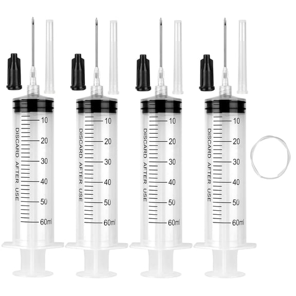 4 Pack 60ml Syringe with 55.1 Tube and Needle 16G 1.5, Large Luer Lock Syringes with Cap for Fluid Suction Injector, Drawing Oil, Fluid, Water, Lab