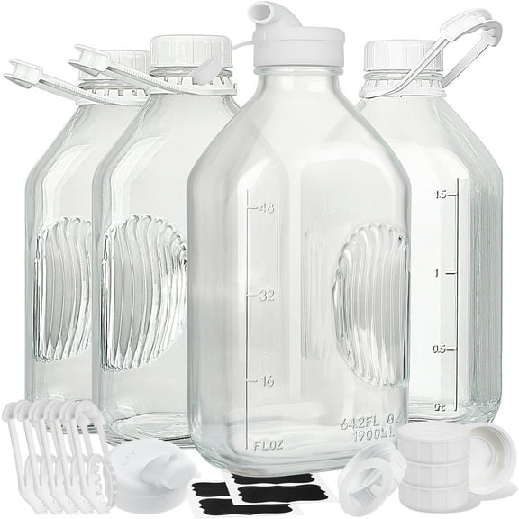 Syntic 4 Pack Glass Milk Bottles with Handle and Airtight Reusable Screw Lids, 1/2 Gal Glass Water & Juice Bottles with 2 Pour Spouts, 64 Oz Milk Jug Pitcher
