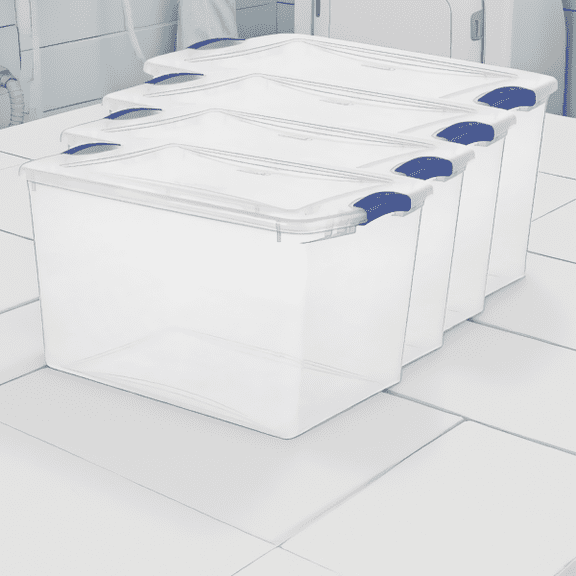 4 Pack 66-Quart Clear Storage Bins with Locking Lids, Stackable Plastic Containers, Blue Latches
