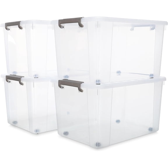 4 Pack 69QT Semi-Transparent PP5 Plastic Storage Totes with Dual Side Latching Lids, Stackable Nestable Lidded Organizer Containers for Garage Closet Kitchen Office Camping Storage