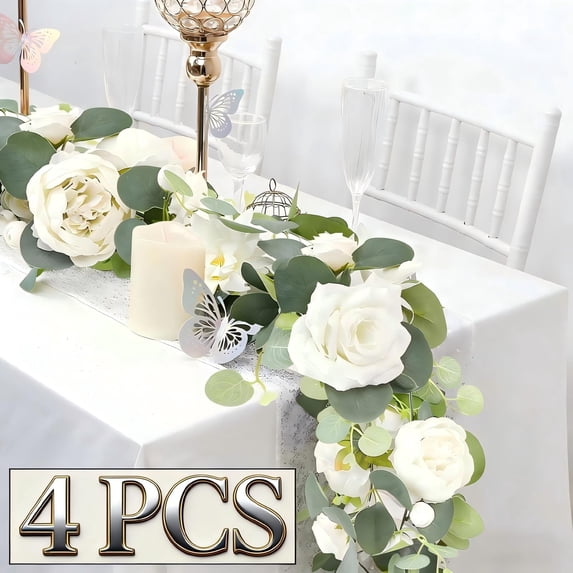 4 Pack 6Ft Artificial Eucalyptus Flower Garland with White Peony White Rose, Baby Breath Fake Flowers Greenery Garland Floral Vine for Mantle Wedding Table Runner Centerpiece Backdrop Home Decor