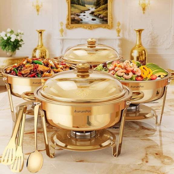 4 Pack 6QT Food Warmers for Parties Buffet Christmas Gatherings Elegant All-Gold Colors Stainless Steel Round Chafing Dish Buffet Set Buffet Servers and Warmers