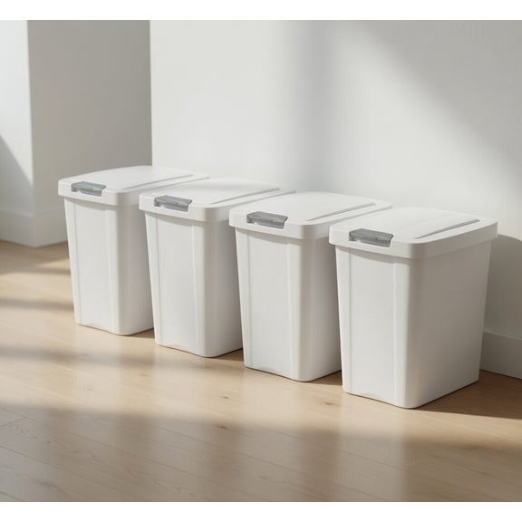 4 Pack 7.5 Gallon / 30 Quart / 28.39 L Rectangular Plastic Trash Can with Flip Lid - Slim Space-Saving Wastebasket, White