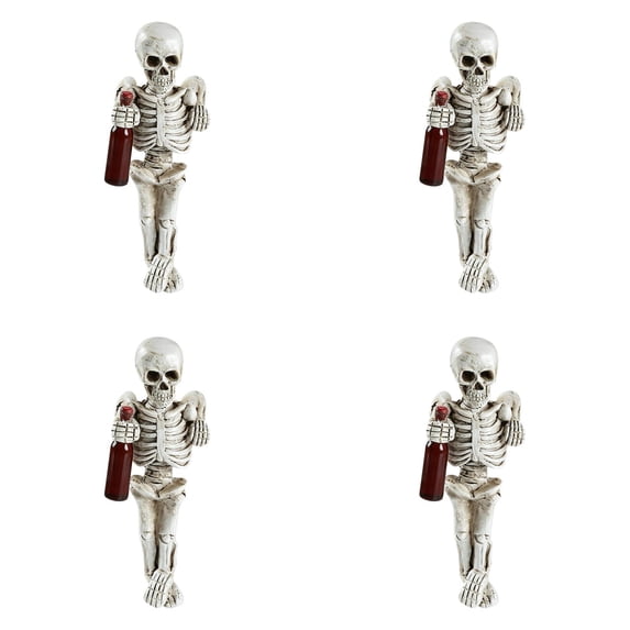 4 Pack 7.5 Inch Resin Halloween Skeleton Figurines Holding Wine Bottle, Funny Gothic Skeleton Statues, Desktop Ornaments for Mantel Shelf Table Halloween Party Home Decor